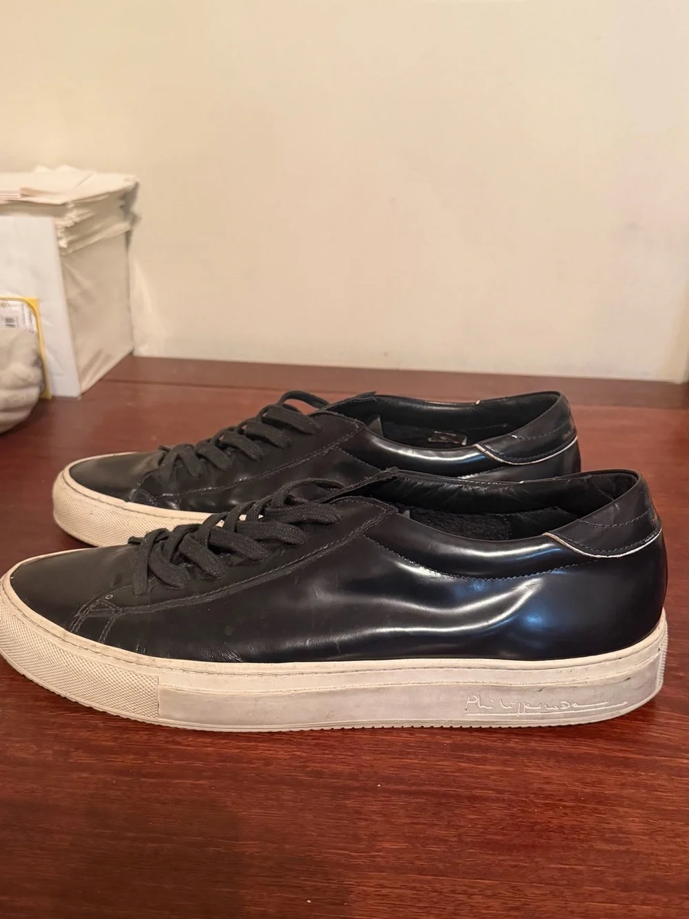 Philippe Model Avenir Black Leather Low-Top Sneakers with White Sole Size 45